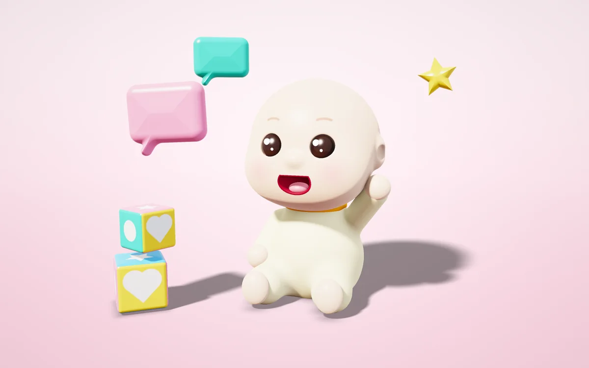 Top ve oyuncak kule ile oynayan neşeli küçük çocuk, 3D illüstrasyon
