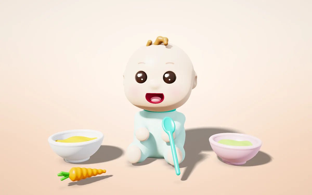 Renkli püre kaseleri, kaşık ve havuçla hazırlanmış bebek sofrası, 3D illüstrasyon