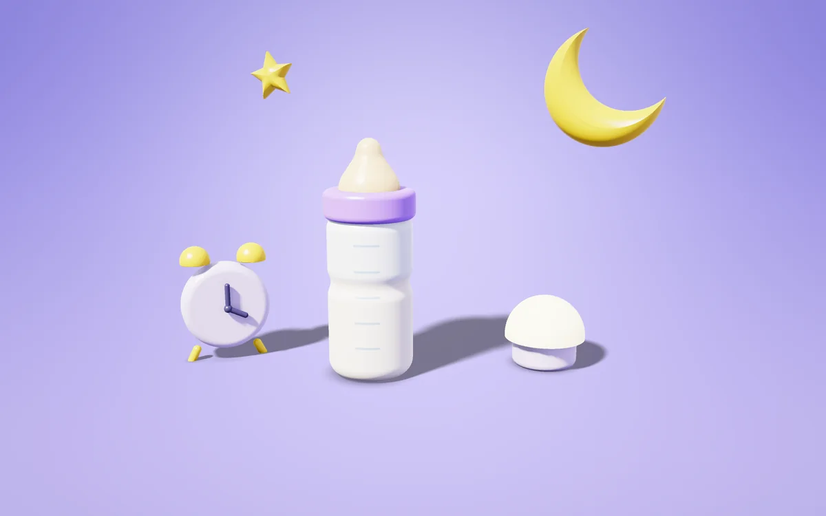 Gece lambası ve biberonla uykulu bebek, ay ışığı, 3D illüstrasyon