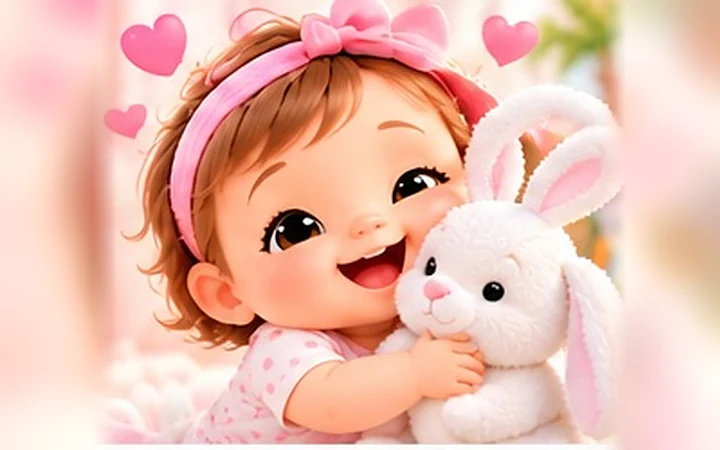 Peluş tavşanına sarılan pembe kurdeleli bebek