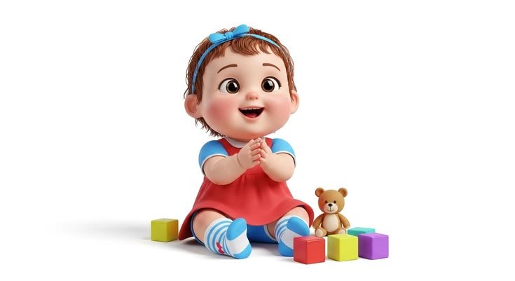 Bisiklete binen ve blok kule yapan neşeli iki yaşındaki çocuk, 3D illüstrasyon